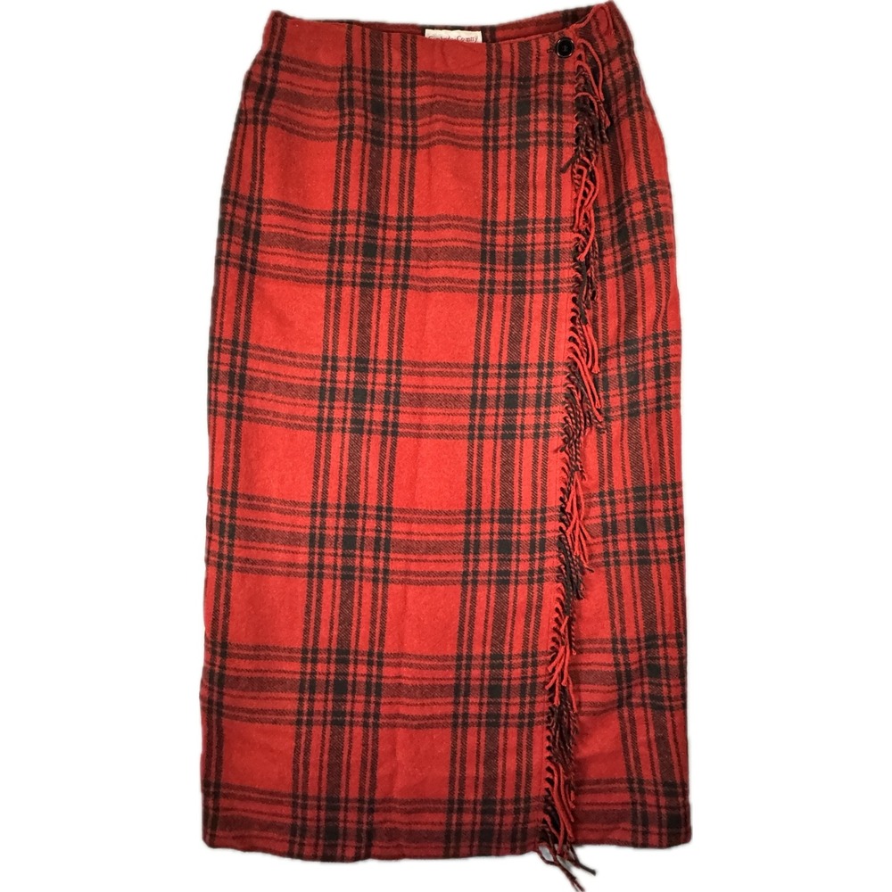 Vtg 90s Cambridge Country Wrap Skirt Womens 14 Red Black Plaid Fringe Wool Blend